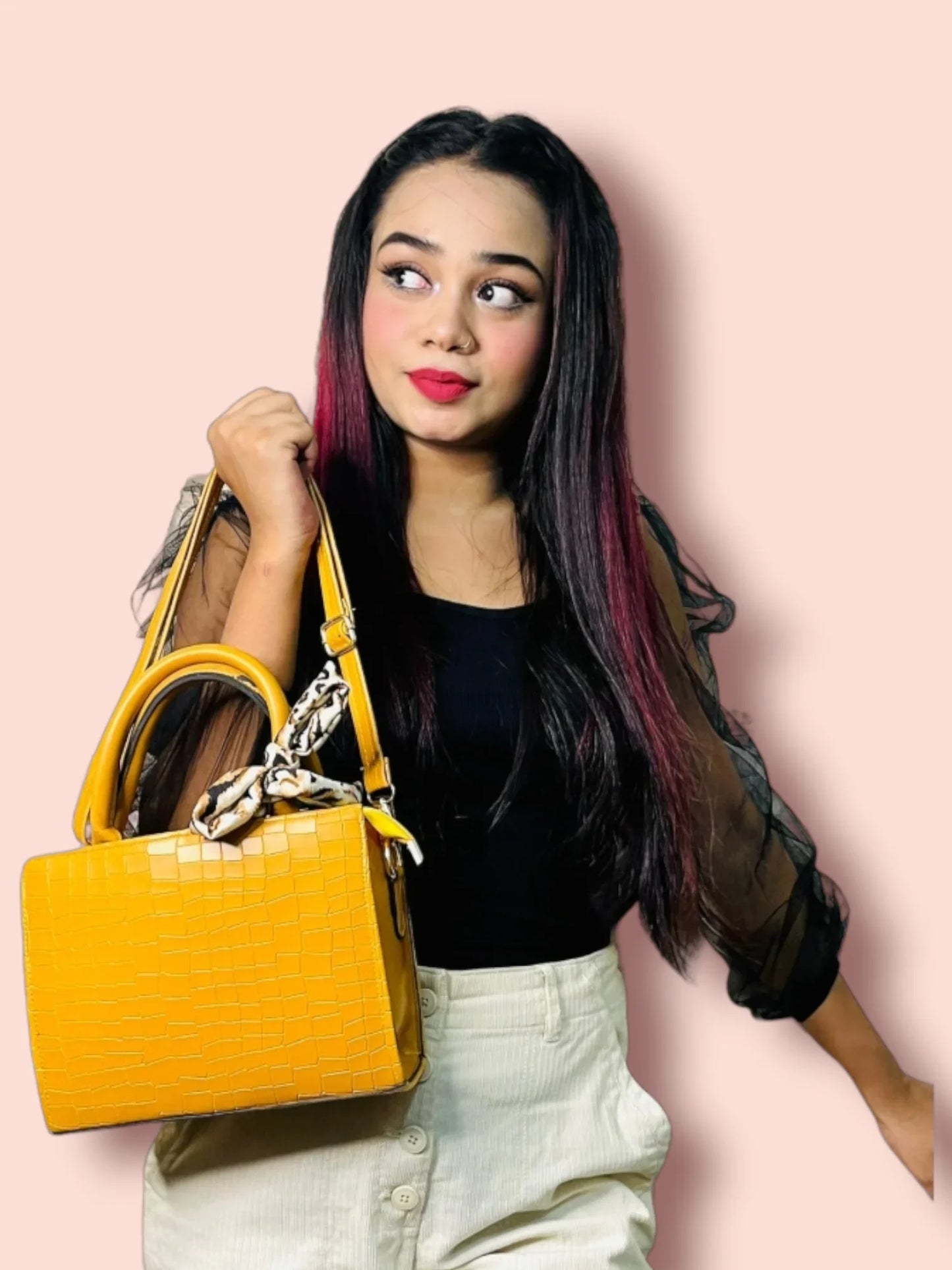 Elegant Crocodile-Texture Handbag with Scarf Accent | Stylish Women’s Tote