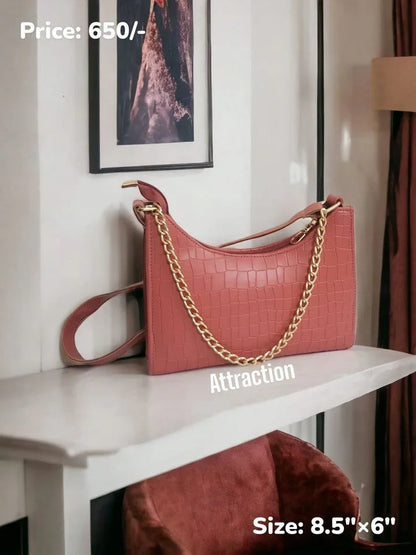 Croc Textured Shoulder Bag – Chic Mini Handbag with Gold Chain Accent