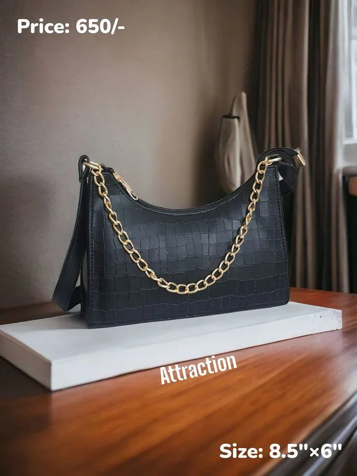 Croc Textured Shoulder Bag – Chic Mini Handbag with Gold Chain Accent